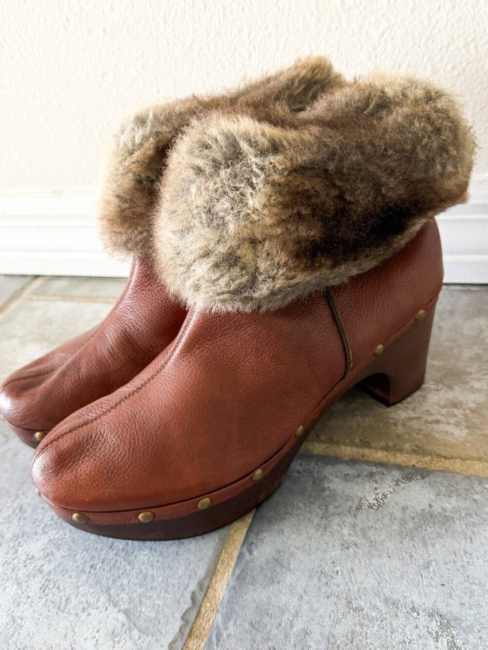 Suzzato Leather Fur Cuff Ankle Boots Clog Heel Brown Women’s Size 9